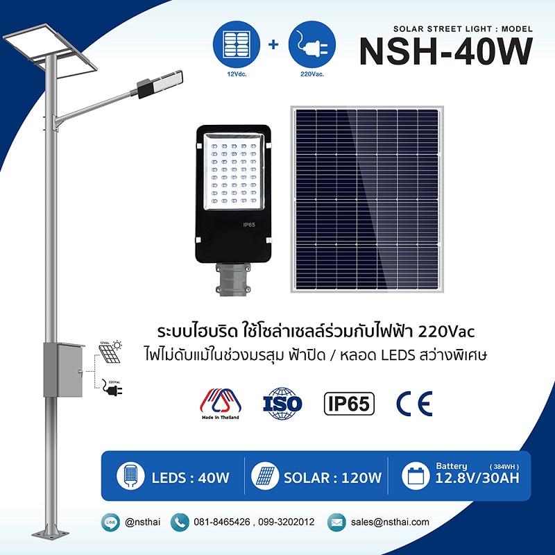 ไฟถนนโซล่าเซลล์ NSH-40W Hybrid